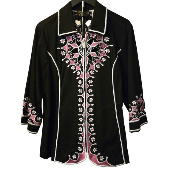 Bob Mackie Wearable Art Jacket Size L Black & Pink Embroidered Stretch Cut Outs - Picture 1 of 11